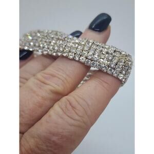 Vintage Clear Rhineston Tennis Bracelet Stretch Bangle Wide Chunky Sparkle